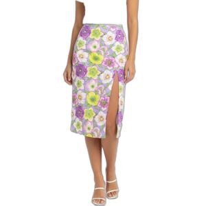 Manuel Canovas Paris Purple Multi Floral Jersey Midi Skirt with Slit Size 12